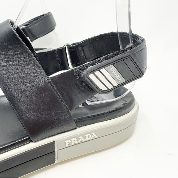 Prada Logo Embossed Rubber Trimmed Leather Sandals in Black - Picture 4 of 15